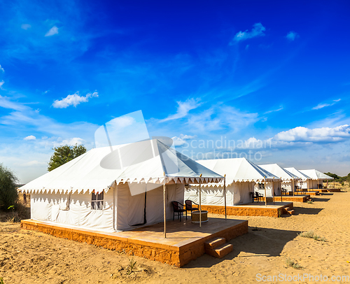 Image of Tent camp in Thar desert. Jaisalmer, Rajasthan, India.