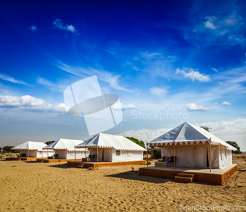 Image of Tent camp in desert. Jaisalmer, Rajasthan, India.