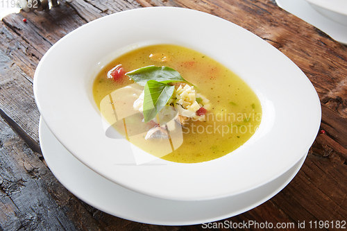 Image of Fish soup with herbs, Tom Yum Pla too, Thailand food.