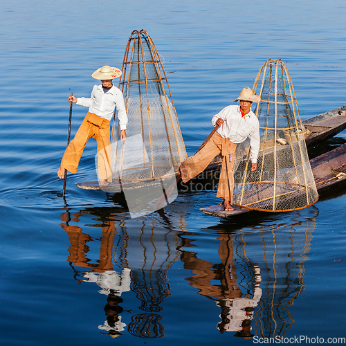 Image of Traditional Burmese fisherman at Inle lake Myanmar