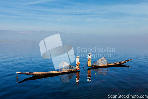 Image of Traditional Burmese fisherman at Inle lake, Myanmar