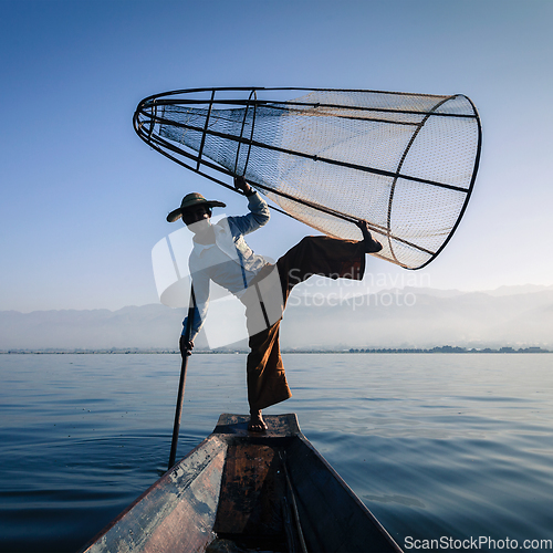 Image of Traditional Burmese fisherman at Inle lake Myanmar