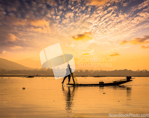 Image of Traditional Burmese fisherman at Inle lake Myanmar