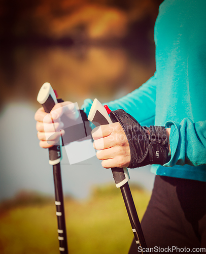 Image of Woman's hand holding nordic walking poles