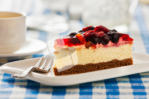 Image of Cake on plate with fork and coffee cup