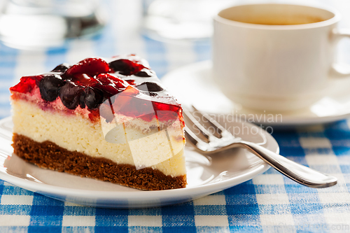 Image of Cake on plate with fork and coffee cup