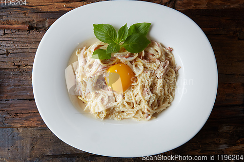 Image of Pasta Carbonara on white plate with parmesan