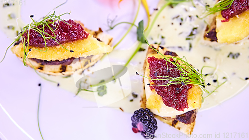 Image of The foie gras with sauce. Shallow dof.