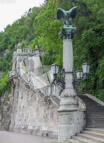 Image of sculpture and stairs in Budapest