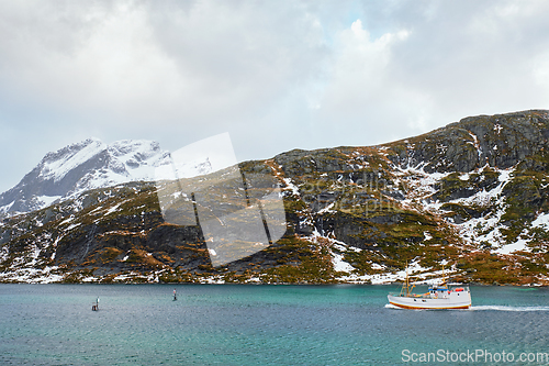 Image of Fishing ship in fjord in Norway