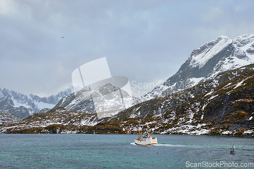 Image of Fishing ship in fjord in Norway