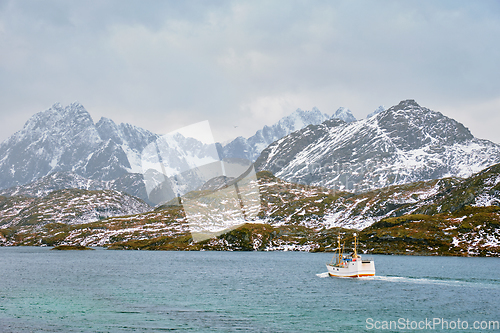 Image of Fishing ship in fjord in Norway