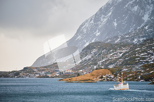 Image of Fishing ship in fjord in Norway