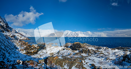 Image of Lofoten islands and Norwegian sea in winter, Norway