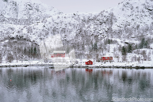 Image of Red rorbu houses in Norway in winter