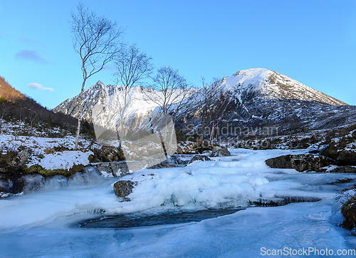 Image of frozen river in front of mountain peak