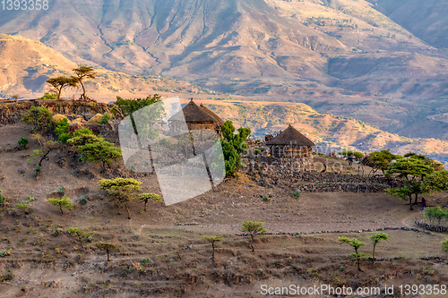 Image of mountain landscape with houses, Ethiopia