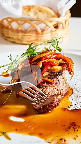 Image of Delicious beef steak with vegetables. Shallow dof.