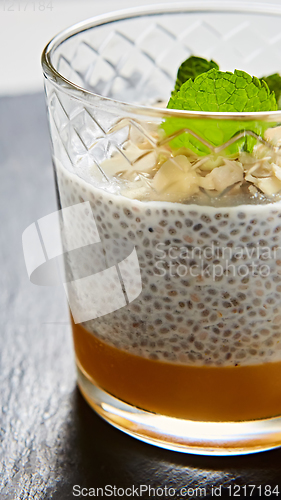 Image of Mango yogurt with chia seeds for healthy breakfast on a white background