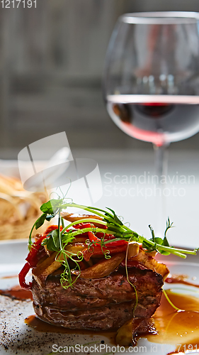 Image of Delicious beef steak with vegetables. Shallow dof.