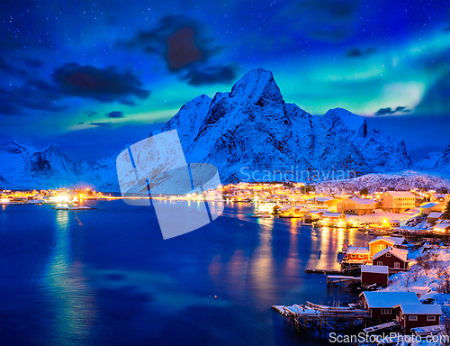 Image of Reine village at night. Lofoten islands, Norway