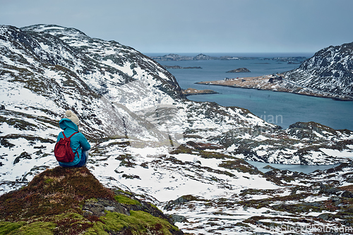 Image of Woman tourist on Lofoten islands, Norway