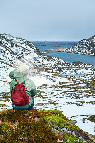 Image of Woman tourist on Lofoten islands, Norway