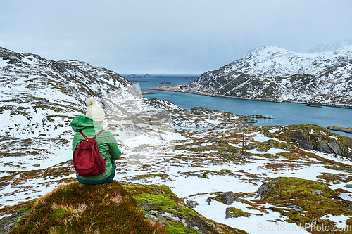 Image of Woman tourist on Lofoten islands, Norway