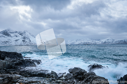 Image of Norwegian Sea waves on rocky coast of Lofoten islands, Norway
