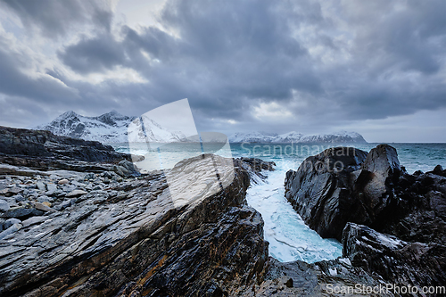 Image of Norwegian Sea waves on rocky coast of Lofoten islands, Norway