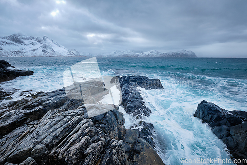 Image of Norwegian Sea waves on rocky coast of Lofoten islands, Norway