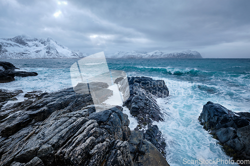 Image of Norwegian Sea waves on rocky coast of Lofoten islands, Norway