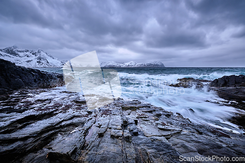 Image of Norwegian Sea waves on rocky coast of Lofoten islands, Norway