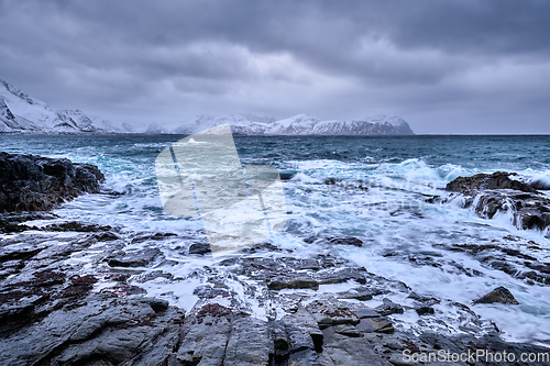 Image of Norwegian Sea waves on rocky coast of Lofoten islands, Norway