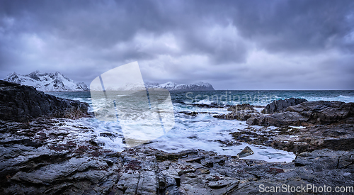 Image of Norwegian Sea waves on rocky coast of Lofoten islands, Norway