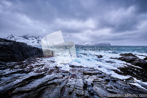 Image of Norwegian Sea waves on rocky coast of Lofoten islands, Norway