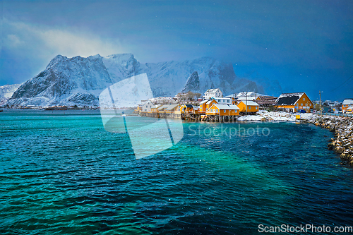 Image of Yellow rorbu houses, Lofoten islands, Norway