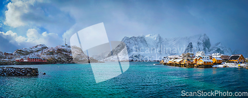 Image of Yellow rorbu houses, Lofoten islands, Norway