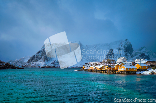 Image of Yellow rorbu houses, Lofoten islands, Norway