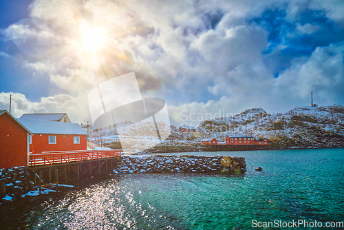 Image of Red rorbu houses, Lofoten islands, Norway