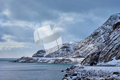 Image of Road on coast of a sea in Norway in winter