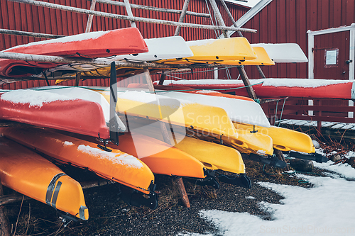 Image of Kayaks in winter in Reine fishing village, Norway