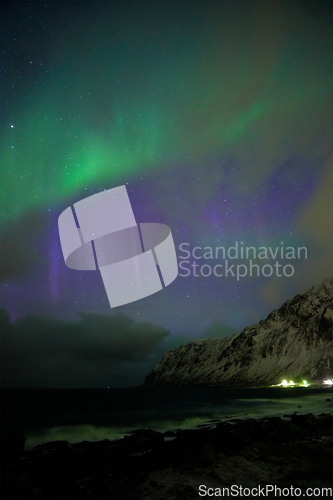 Image of Aurora borealis northern lights. Lofoten islands, Norway