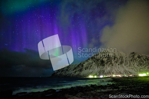 Image of Aurora borealis northern lights. Lofoten islands, Norway