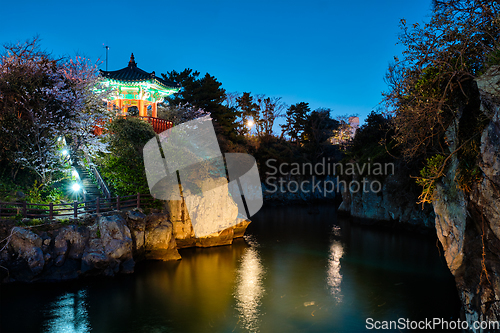 Image of Yongyeon Pond with Yongyeon Pavilion illuminated at night, Jeju islands, South Korea