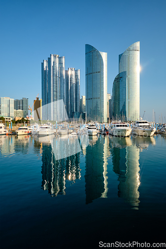 Image of Busan marina with yachts on sunset, South Korea