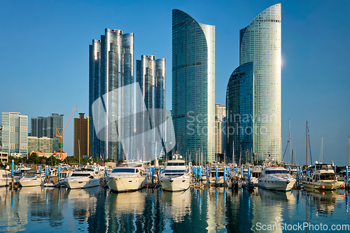 Image of Busan marina with yachts on sunset, South Korea