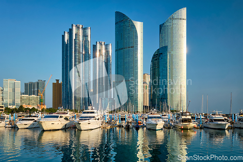 Image of Busan marina with yachts on sunset, South Korea