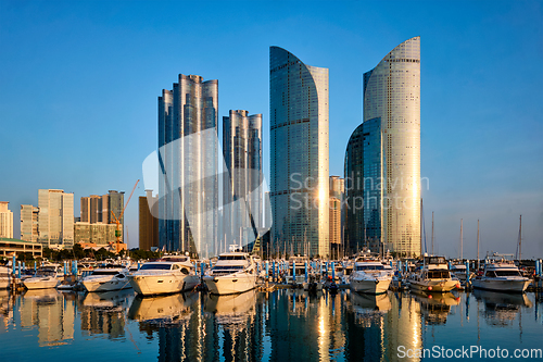 Image of Busan marina with yachts on sunset, South Korea