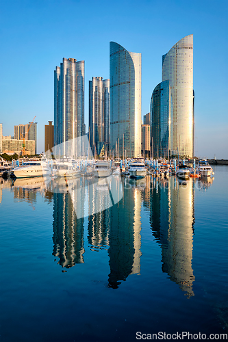 Image of Busan marina with yachts on sunset, South Korea